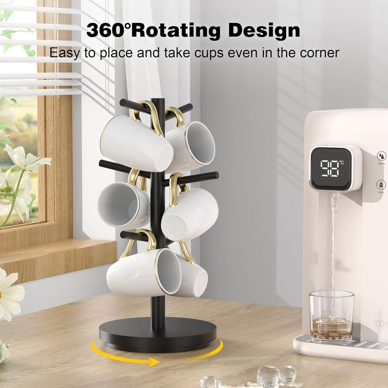 Wisuce Coffee Mug Holder Tree Upgraded 360Rotated Cup Holder for Counter Black Wood Cup Tree Mug Rack Organizer Stand with 6 Hooks for Kitchen Coffee Bar Accessories - Image 3
